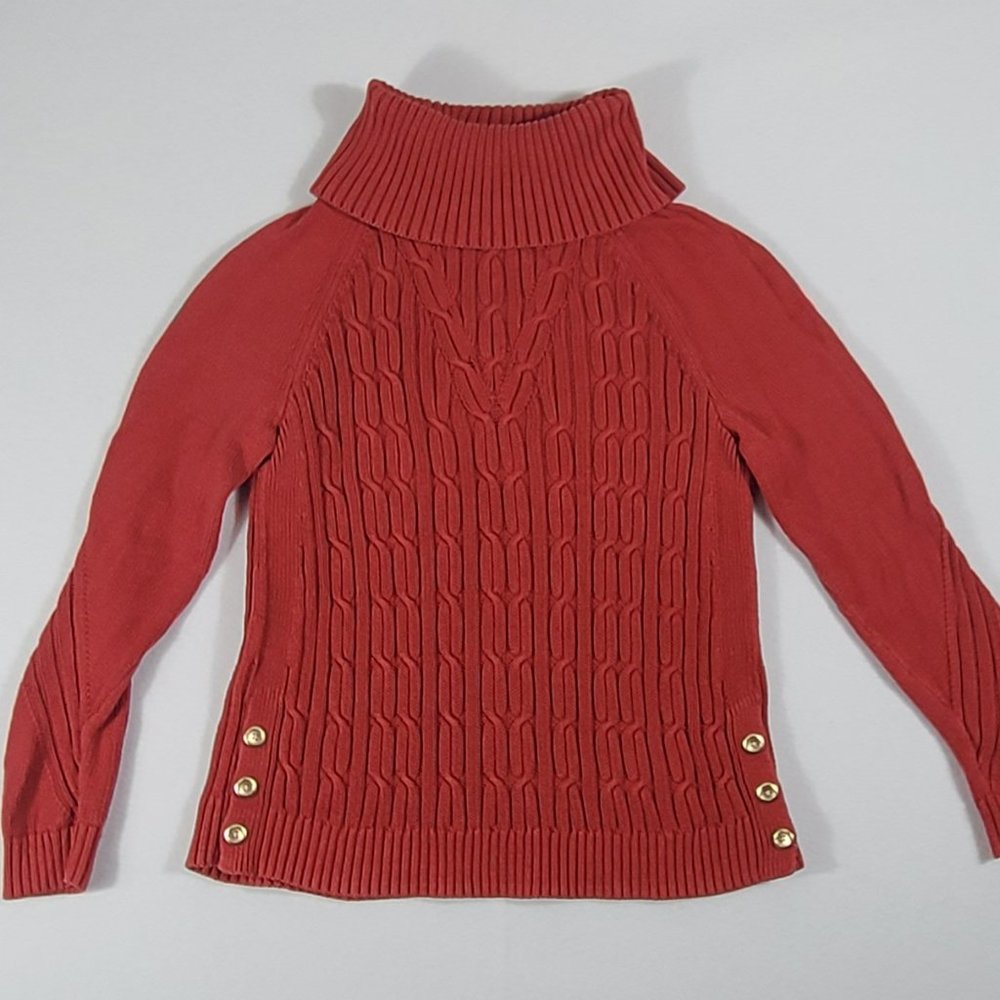 TALBOTS Ribbed Turtleneck Sweater Cable Knit Button Women Medium 100% Cotton Red